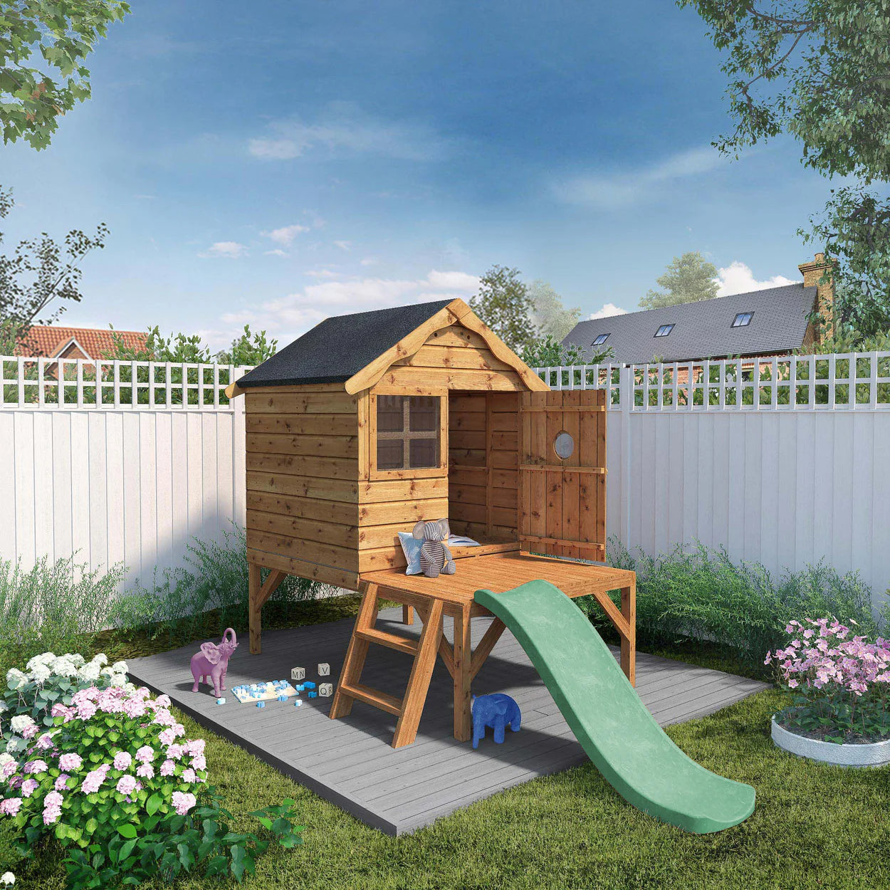 Wooden Small Tower Playhouse with Slide T&G Shiplap
