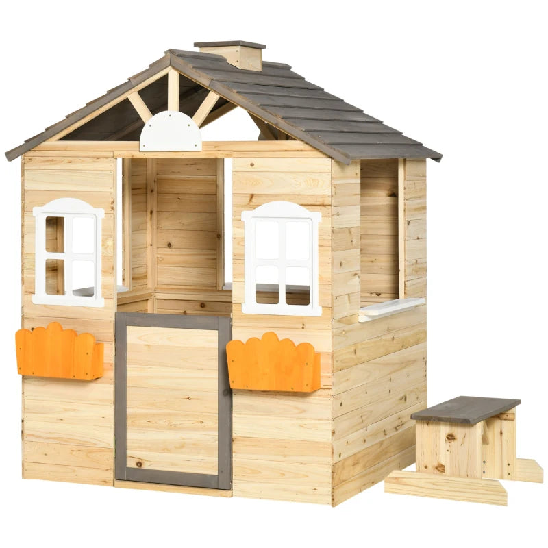 Outsunny Wooden Playhouse for Kids Outdoor Wendy House with Door, windows, Bench, Service Stations, Flowerpot Holder, For Ages 3-7 Years