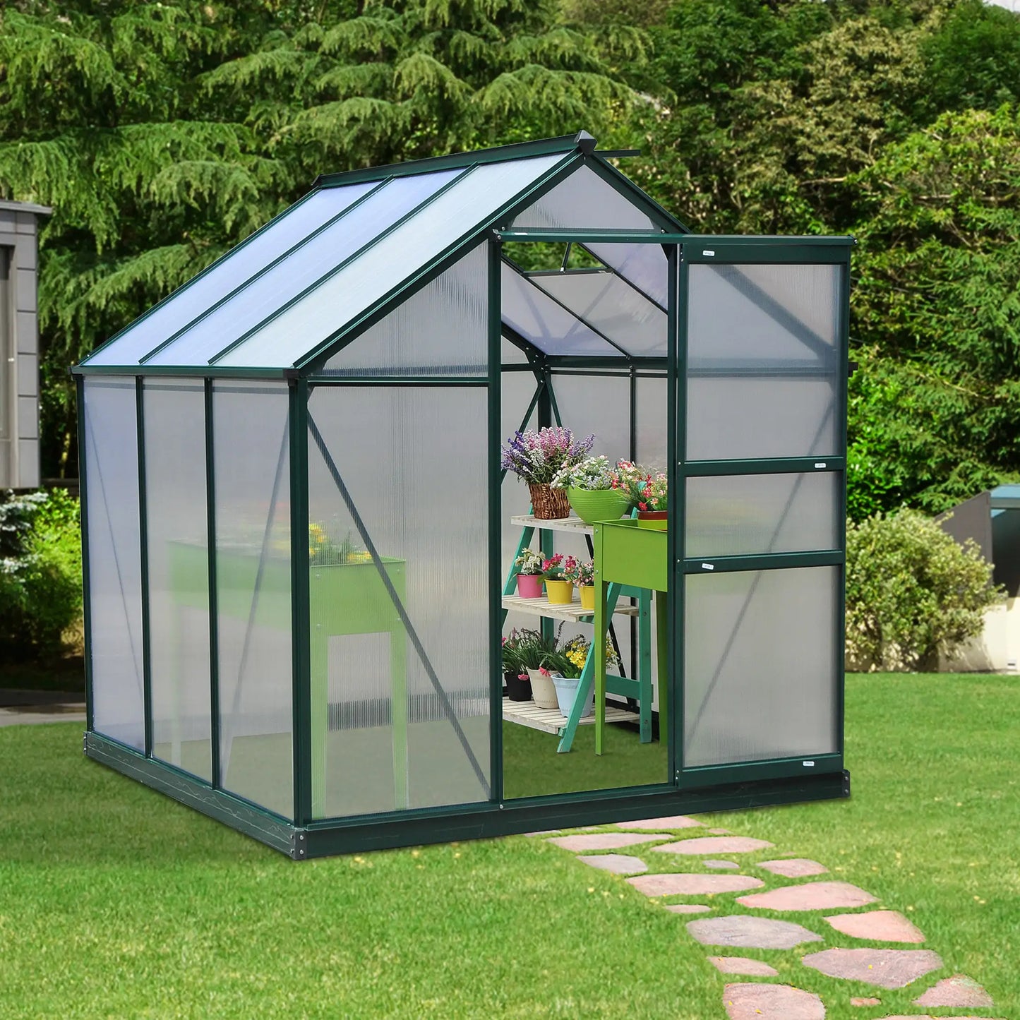 Polycarbonate Greenhouse, Large Walk-In Green House with Slide Door and Window