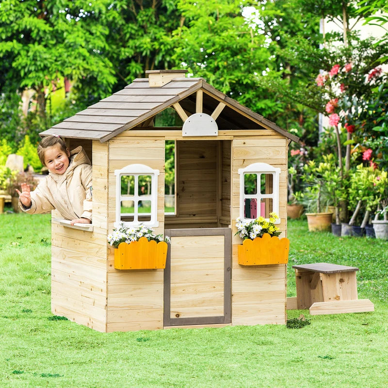 Outsunny Wooden Playhouse for Kids Outdoor Wendy House with Door, windows, Bench, Service Stations, Flowerpot Holder, For Ages 3-7 Years