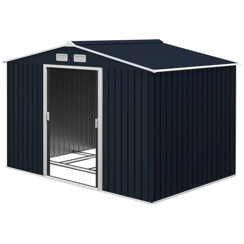 9 x 6ft Metal Garden Shed, Outdoor Storage Tool House with Ventilation Slots, Foundation Kit and Lockable Double Doors, Dark Grey