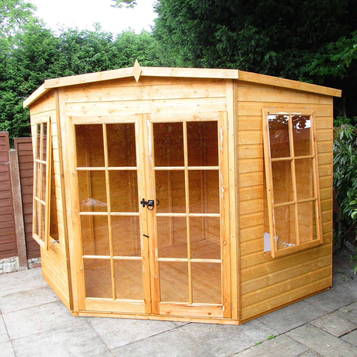 Wooden Corner Summerhouse 7 x 7 or 8 x 8 Doube Door Large Windows Tounge & Groove