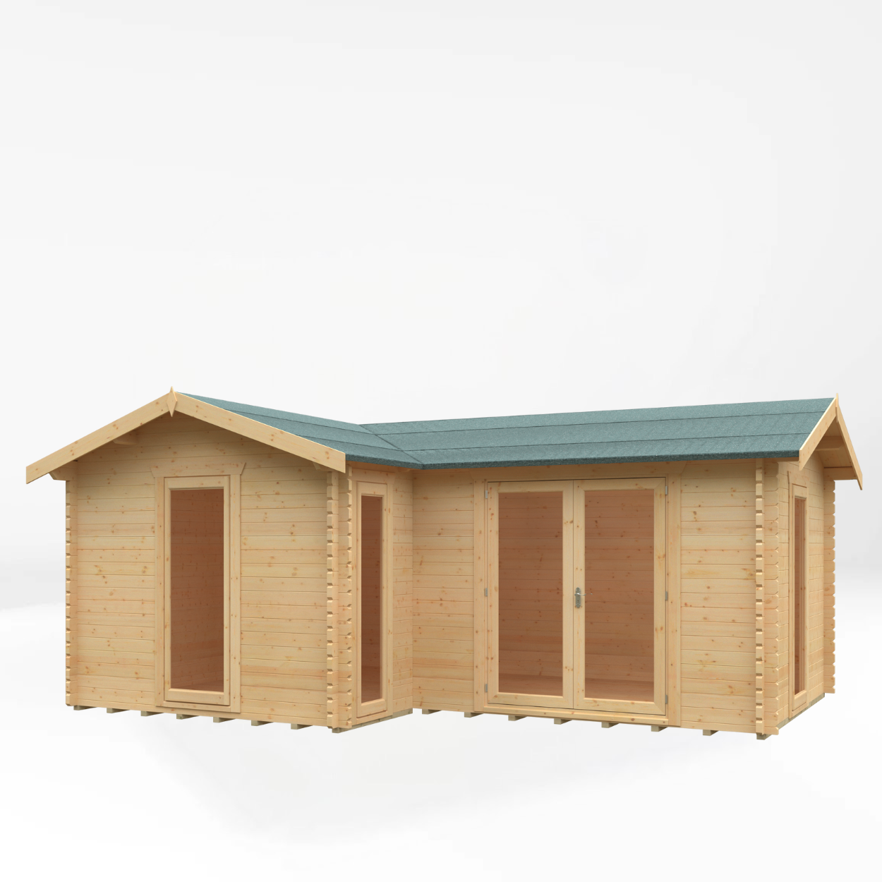 L-Shaped Log Cabin - Tounge & Groove, Apex Roof, Garden Office, Double Doors - 44 mm thickness