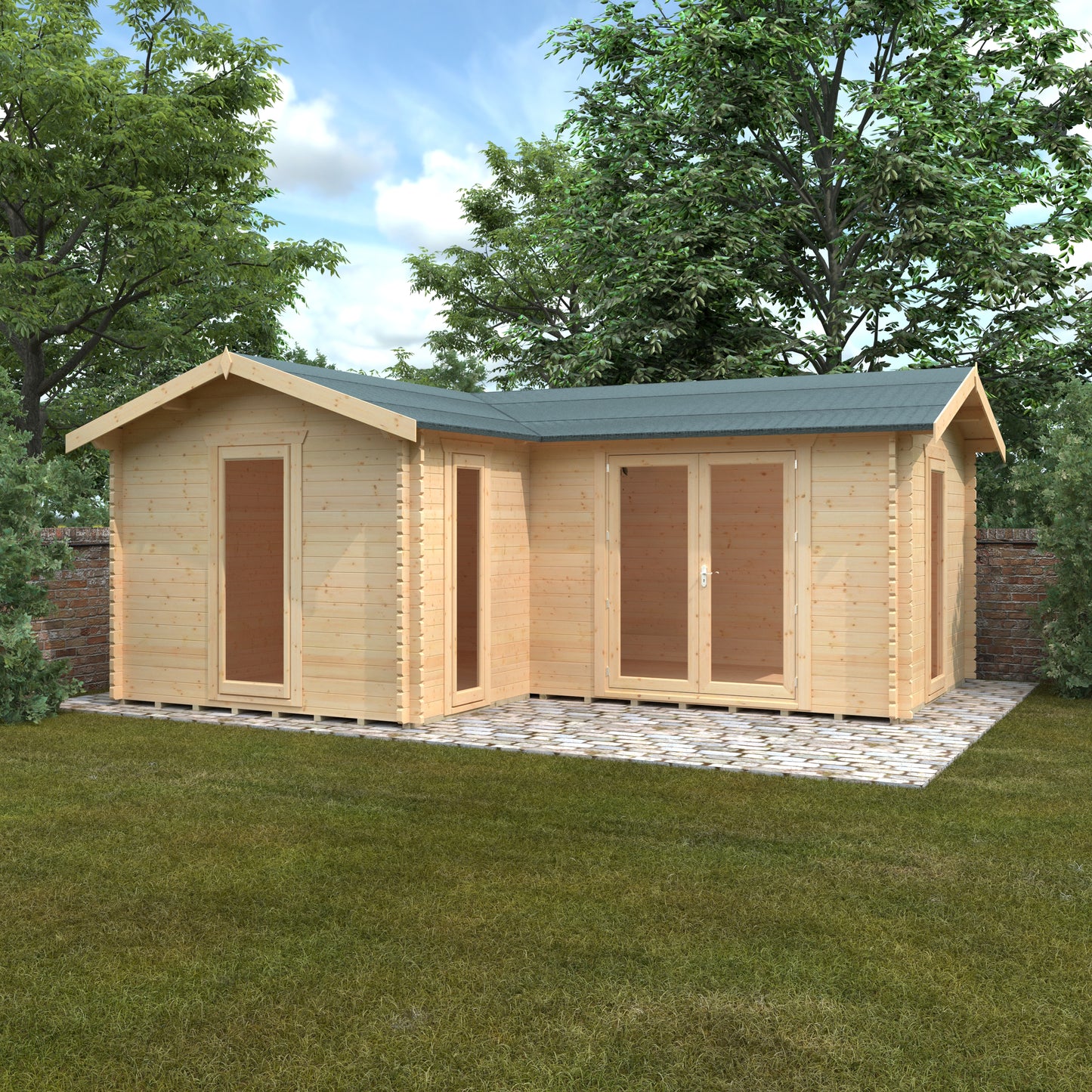 L-Shaped Log Cabin - Tounge & Groove, Apex Roof, Garden Office, Double Doors - 44 mm thickness