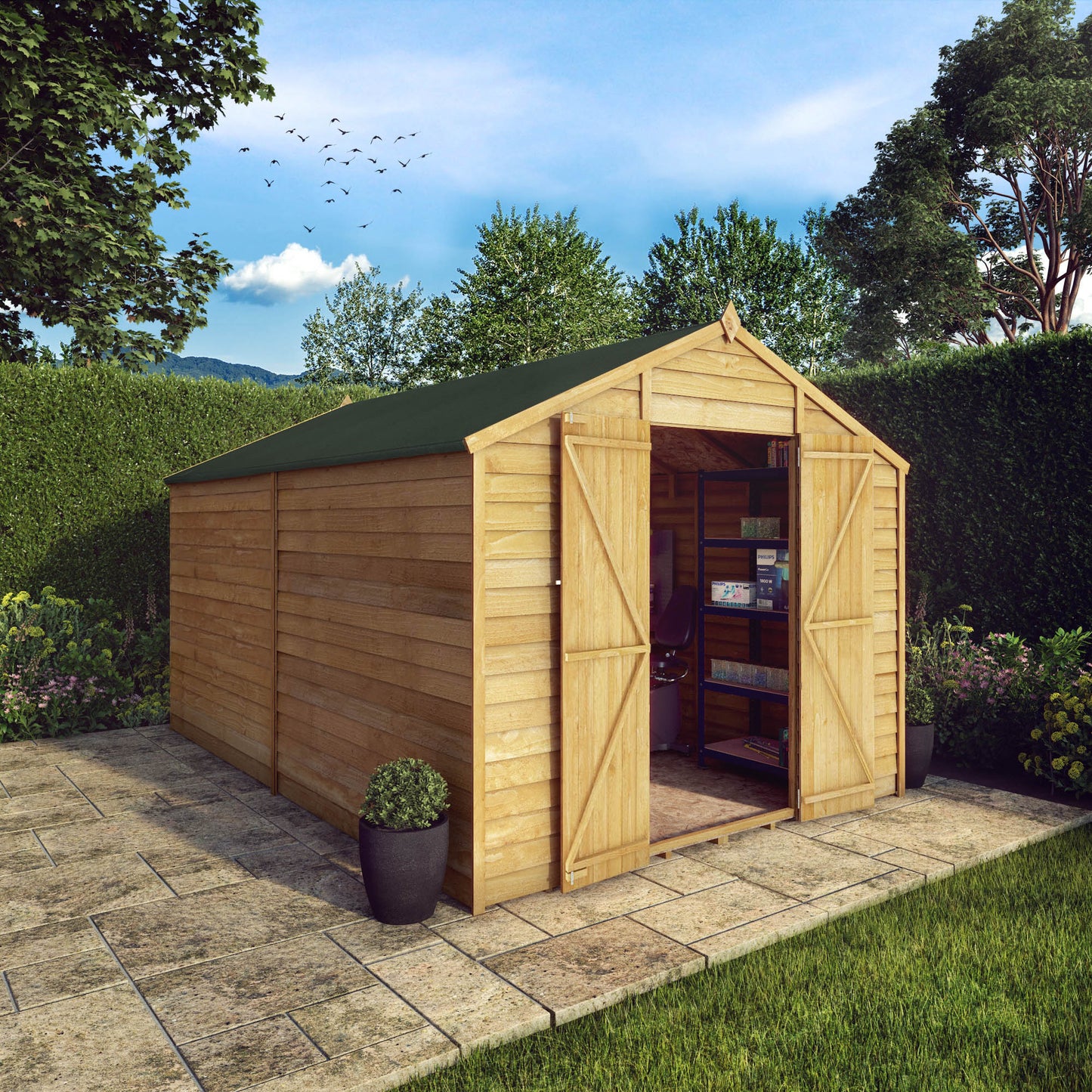 Large Wooden Garden Shed Overlap Apex Roof Double Doors Windowless