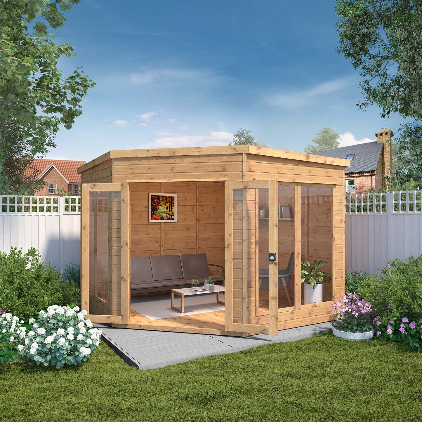 Premium Wooden Corner Summerhouse Shiplap Tounge & Groove French Doors