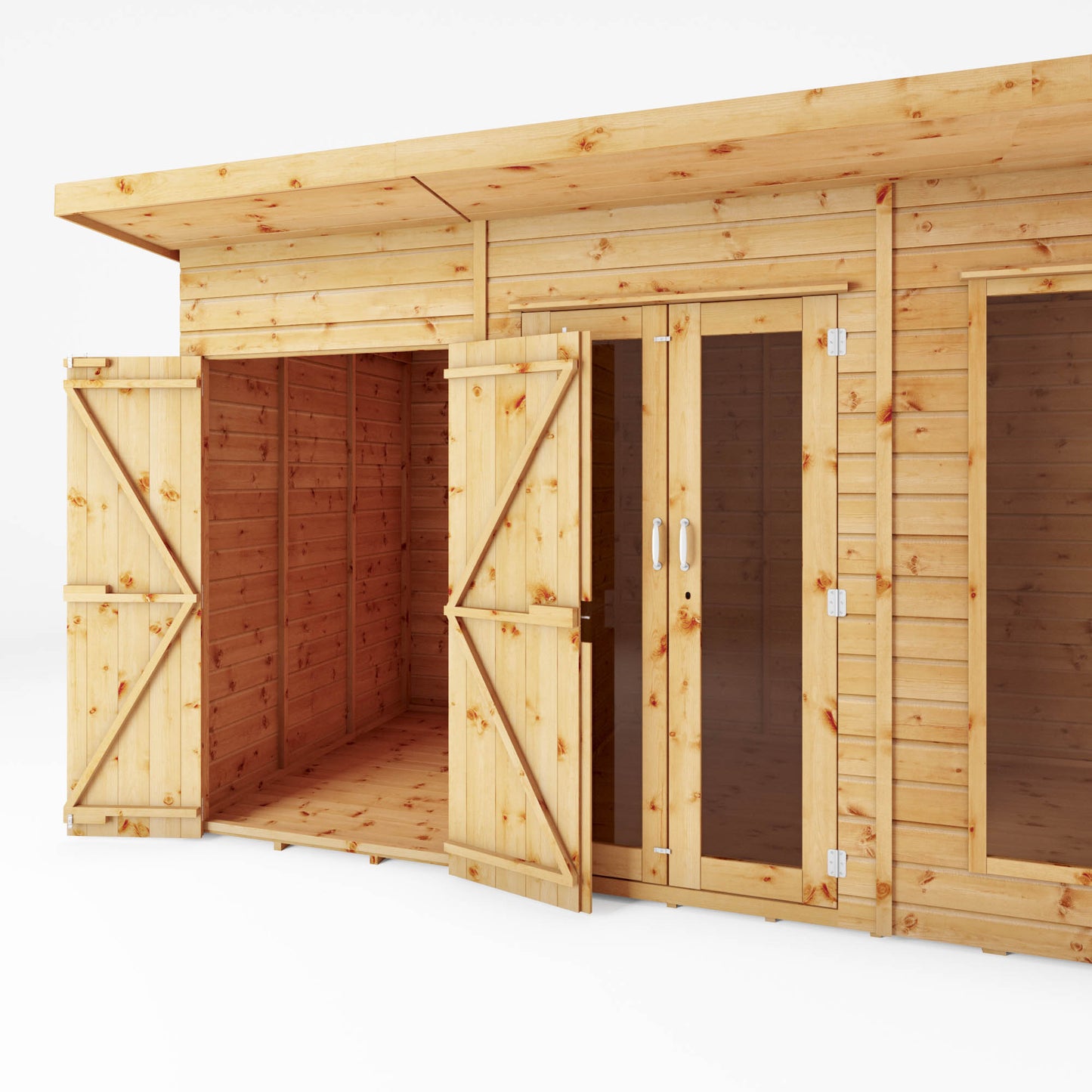Wooden Pent Roof Summerhouse with Side Shed Large Windows