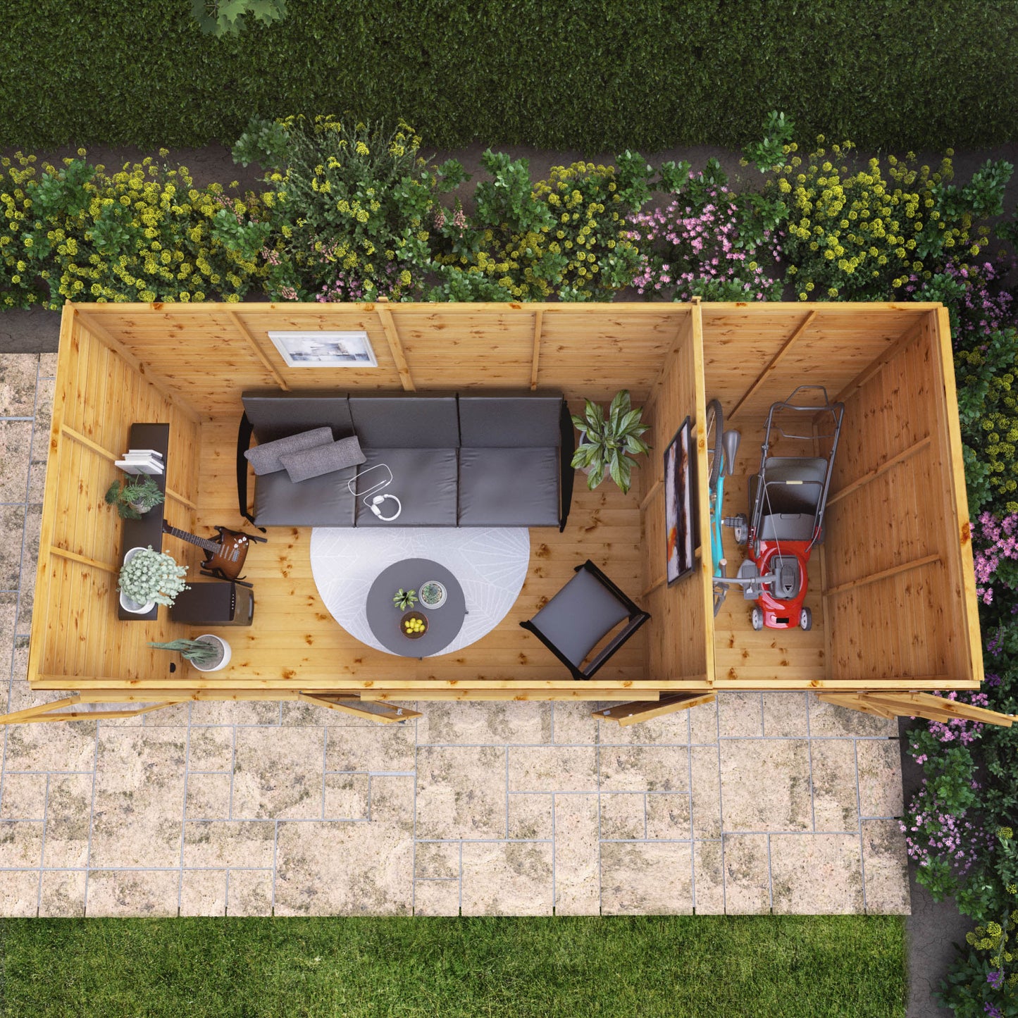 Wooden Pent Roof Summerhouse with Side Shed Large Windows