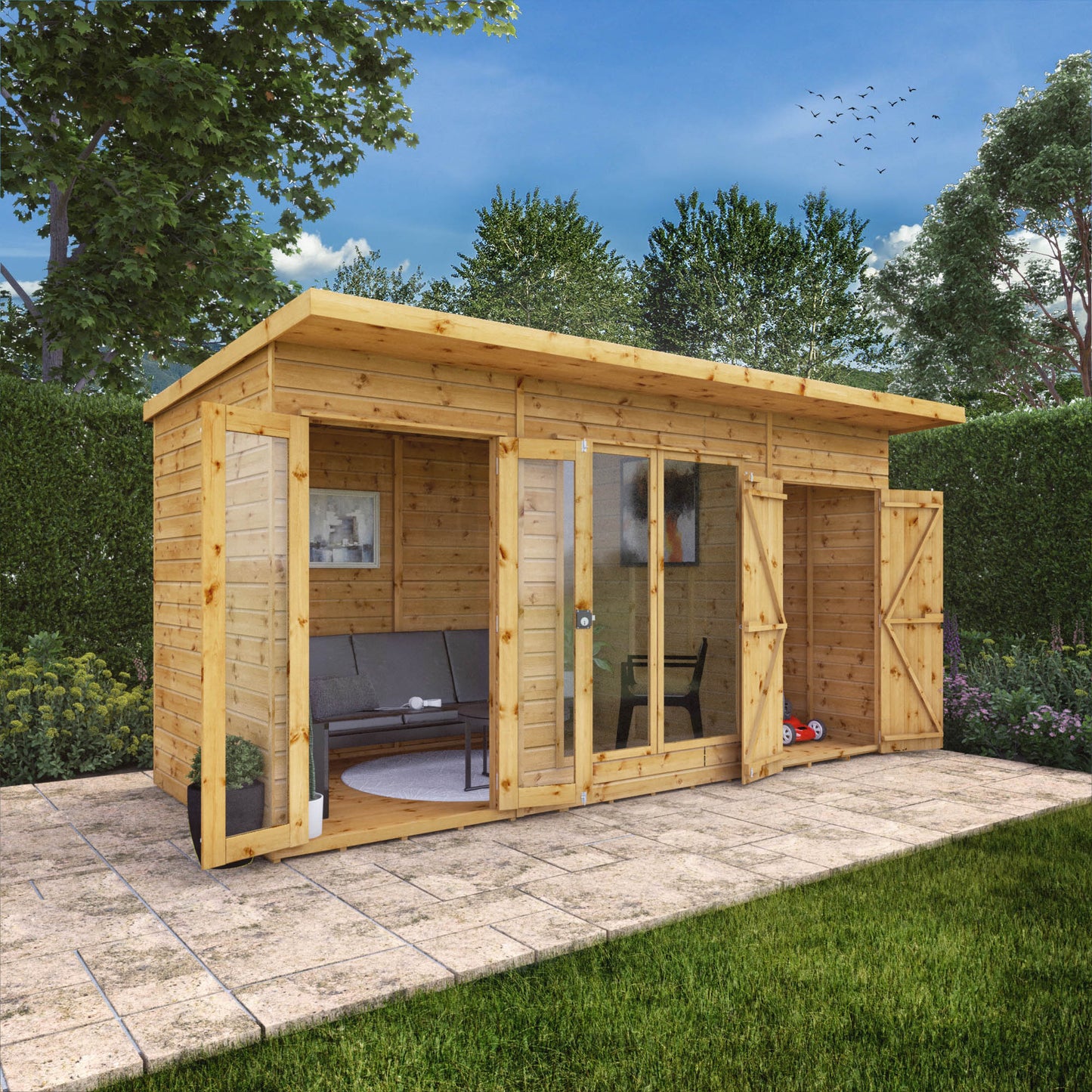 Wooden Pent Roof Summerhouse with Side Shed Large Windows