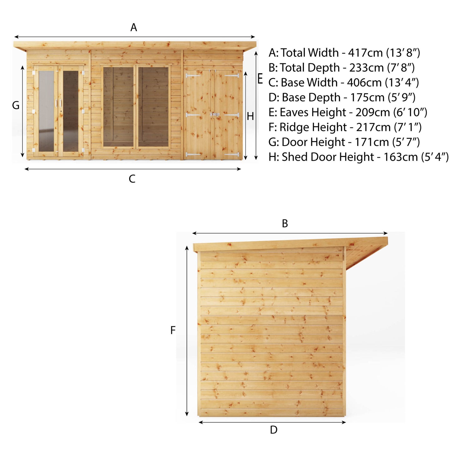 Wooden Pent Roof Summerhouse with Side Shed Large Windows