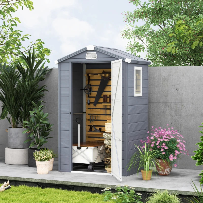 Outsunny 4 x 3ft Plastic Garden Storage Shed with Foundation Kit, Polypropylene Outdoor Storage Tool House with Ventilation Slots and Lockable Door, Grey