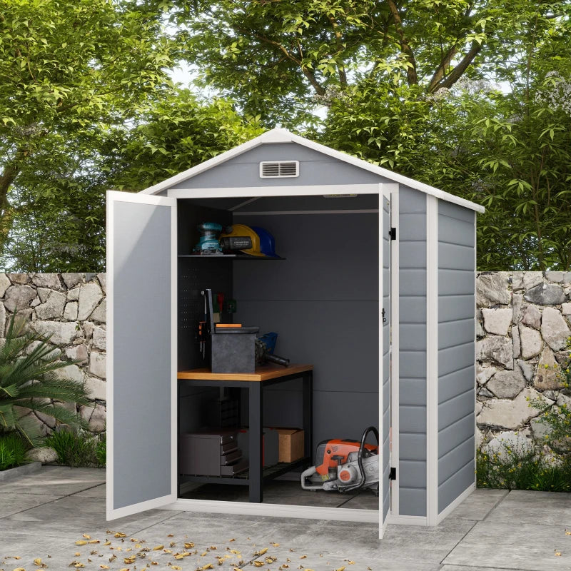 Outsunny 6'x4.5' Garden Storage Shed, Lockable Garden Shed with Double Doors, Window, Vent and Plastic Roof, Grey