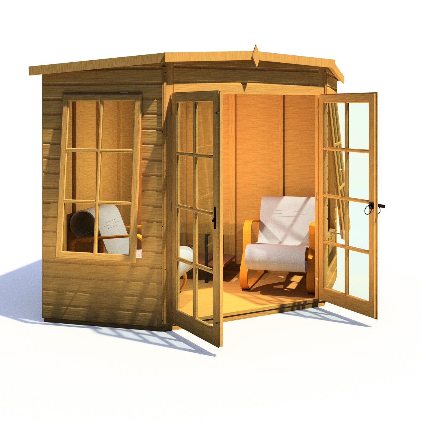 Wooden Corner Summerhouse 7 x 7 or 8 x 8 Doube Door Large Windows Tounge & Groove