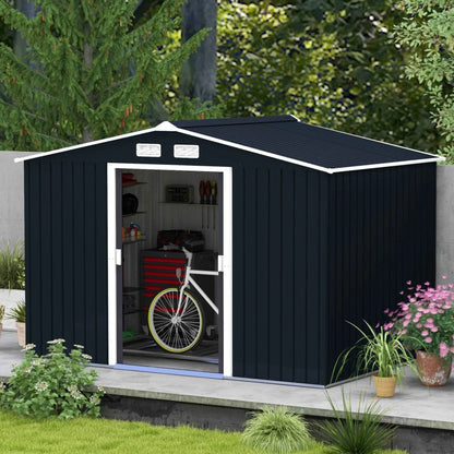 9 x 6ft Metal Garden Shed, Outdoor Storage Tool House with Ventilation Slots, Foundation Kit and Lockable Double Doors, Dark Grey