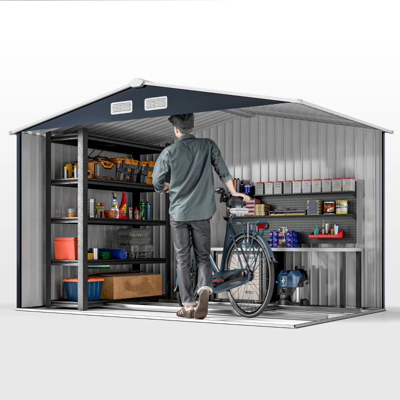 9 x 6ft Metal Garden Shed, Outdoor Storage Tool House with Ventilation Slots, Foundation Kit and Lockable Double Doors, Dark Grey