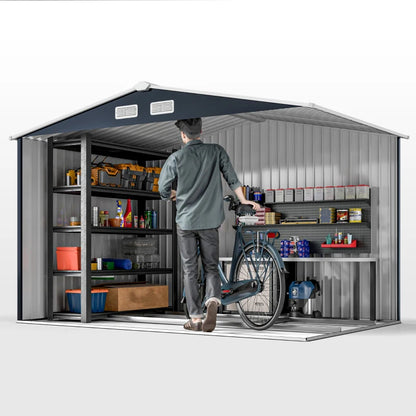 9 x 6ft Metal Garden Shed, Outdoor Storage Tool House with Ventilation Slots, Foundation Kit and Lockable Double Doors, Dark Grey