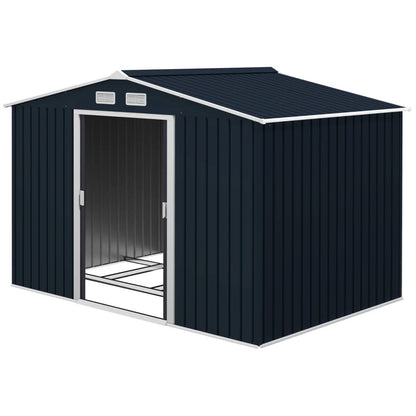 9 x 6ft Metal Garden Shed, Outdoor Storage Tool House with Ventilation Slots, Foundation Kit and Lockable Double Doors, Dark Grey