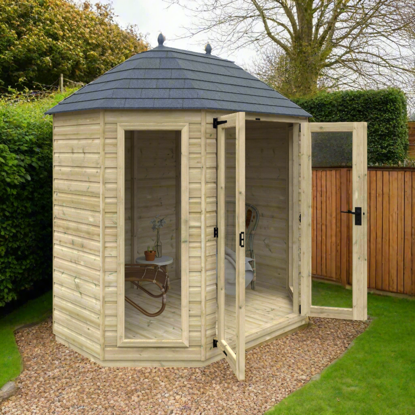 Tanalised Octagonal Full Pane Summerhouse: Elegant, Durable, and Spacious