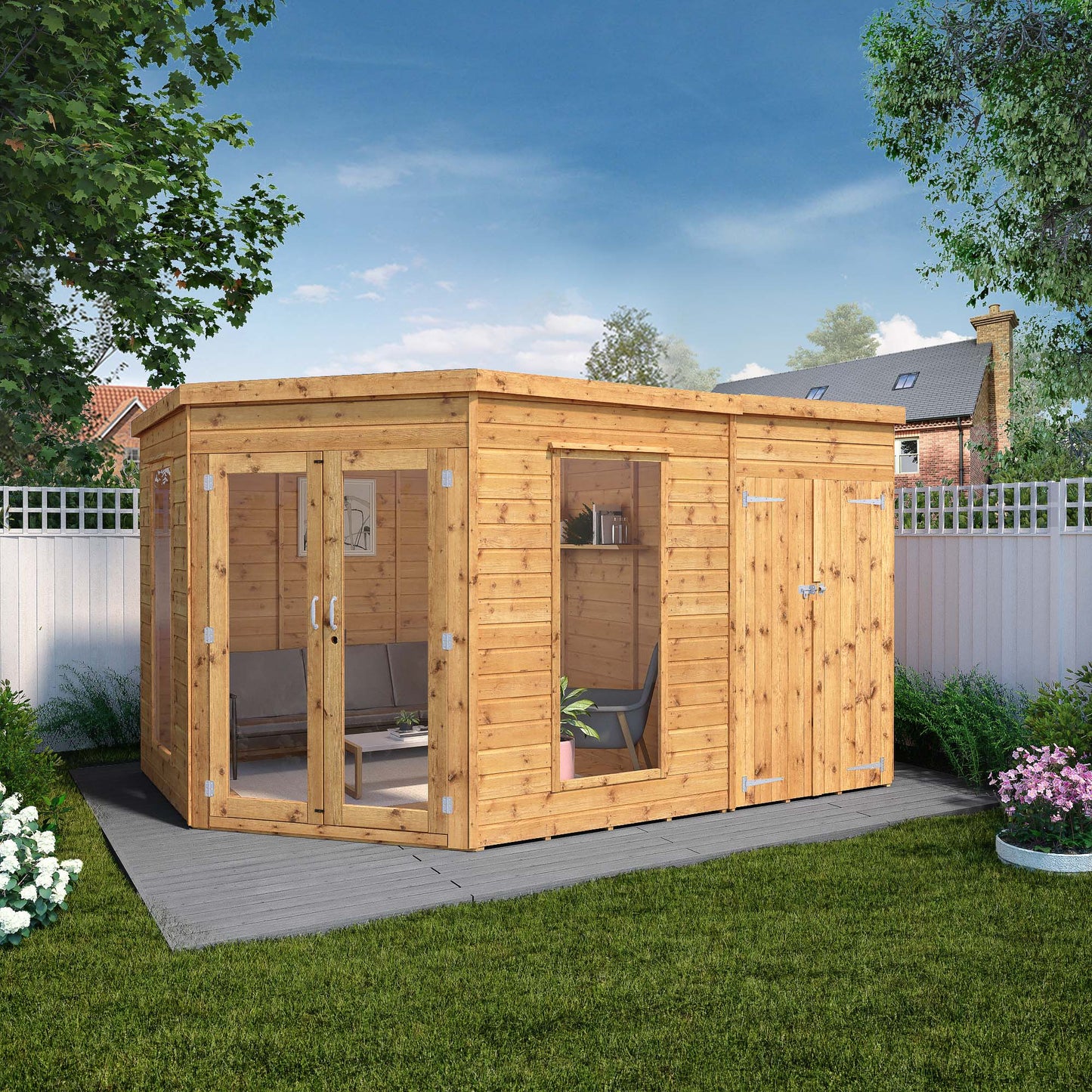 Wooden Corner Summerhouse with Side Shed