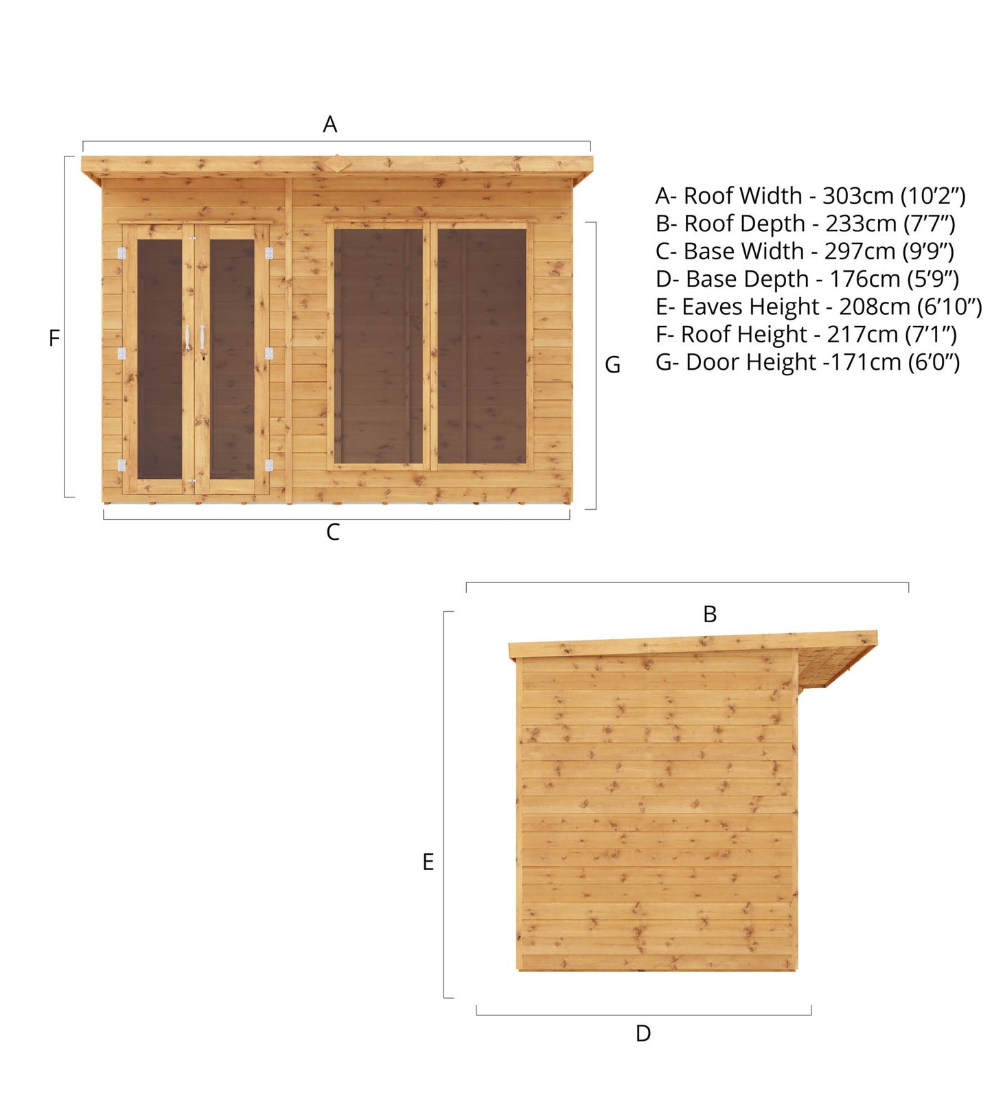 Wooden Pent Roof Summerhouse Double Door Large Windows