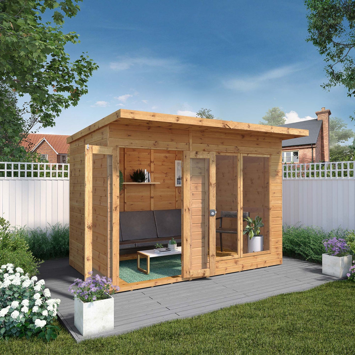 Wooden Pent Roof Summerhouse Double Door Large Windows