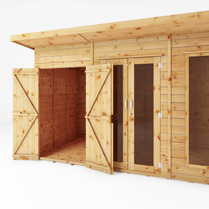 Wooden Pent Roof Summerhouse with Side Shed Large Windows