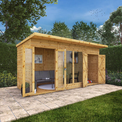 Wooden Pent Roof Summerhouse with Side Shed Large Windows