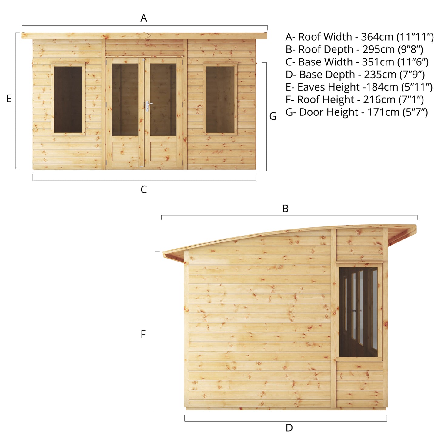 Wooden Summerhouse Shiplap T&G Curved Roof Double Door - Helios