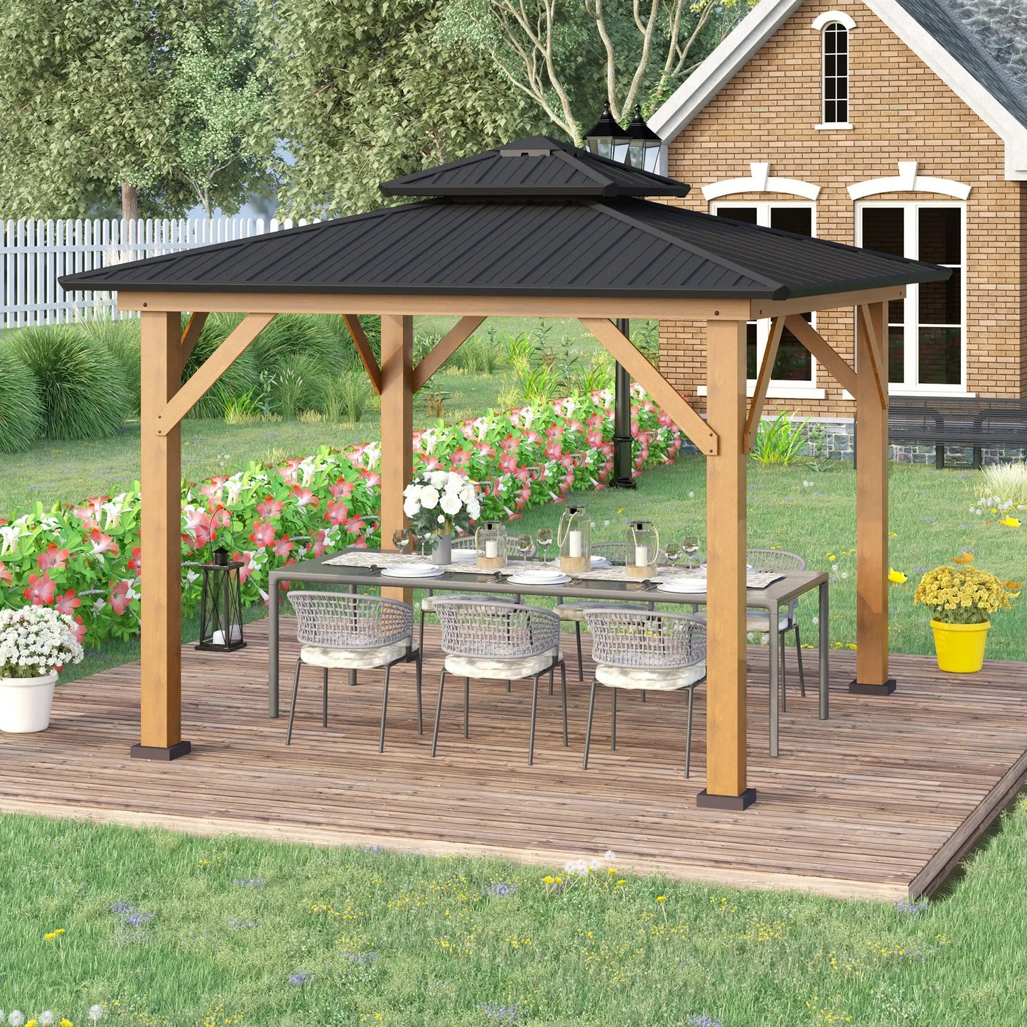Outsunny 3.5 x 3.5m Wood Frame Hardtop Gazebo w/ Double Vented Roof, Black