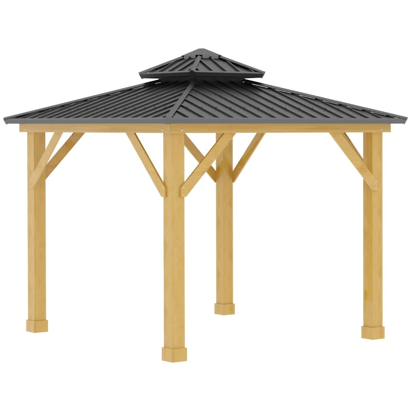 Outsunny 3x(3)M Outdoor Hardtop Gazebo Canopy with 2-Tier Roof and Solid Wood Frame Outdoor Patio Shelter for Patio, Garden