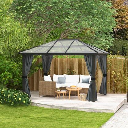 Outsunny 3 x 3.6(m) Hardtop Gazebo Canopy with Polycarbonate Roof and Aluminium Frame, Garden Pavilion with Mosquito Netting and Curtains