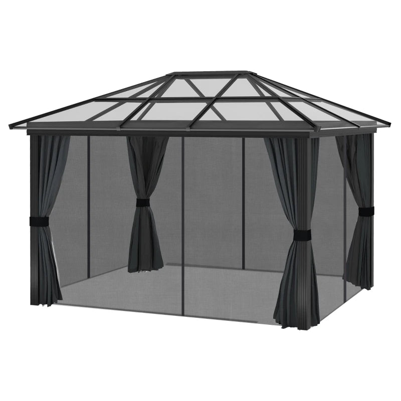 Outsunny 3 x 3.6(m) Hardtop Gazebo Canopy with Polycarbonate Roof and Aluminium Frame, Garden Pavilion with Mosquito Netting and Curtains