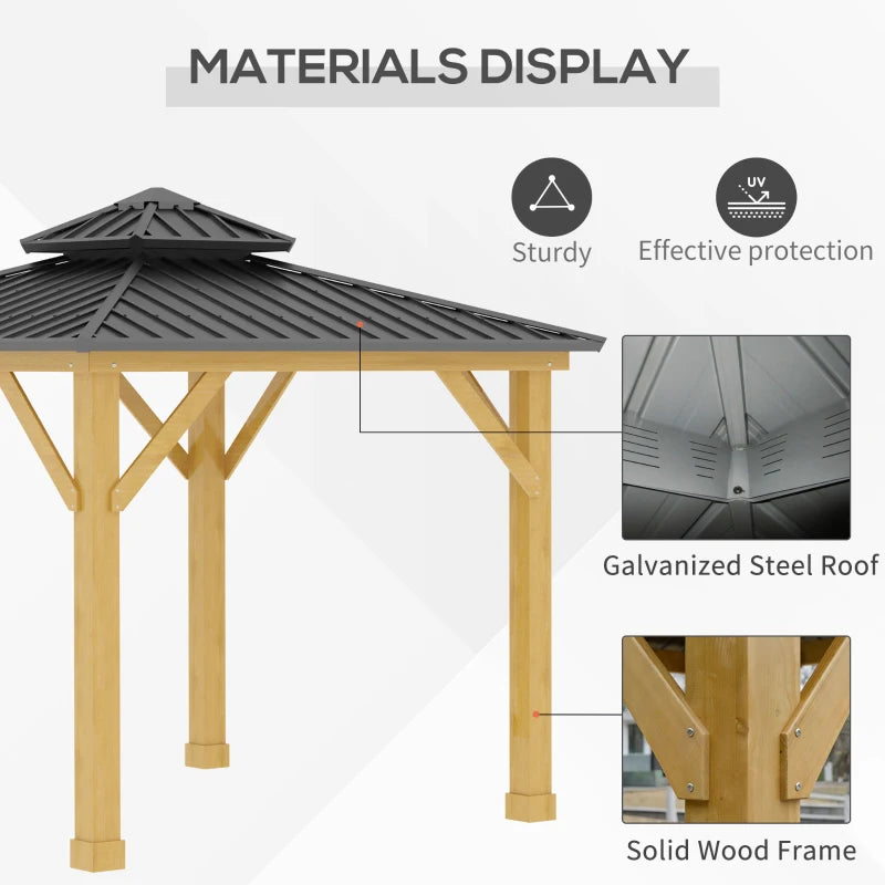 Outsunny 3x(3)M Outdoor Hardtop Gazebo Canopy with 2-Tier Roof and Solid Wood Frame Outdoor Patio Shelter for Patio, Garden