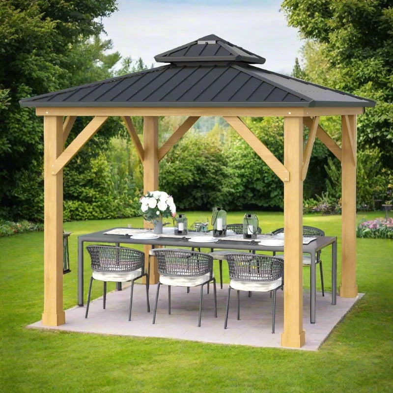 Outsunny 3x(3)M Outdoor Hardtop Gazebo Canopy with 2-Tier Roof and Solid Wood Frame Outdoor Patio Shelter for Patio, Garden