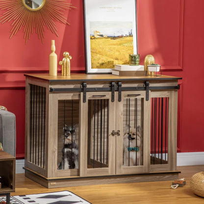 PawHut Dog Crate Furniture for Large Dogs, Double Dog Cage for Small Dogs, with Sliding Doors - Oak Tone