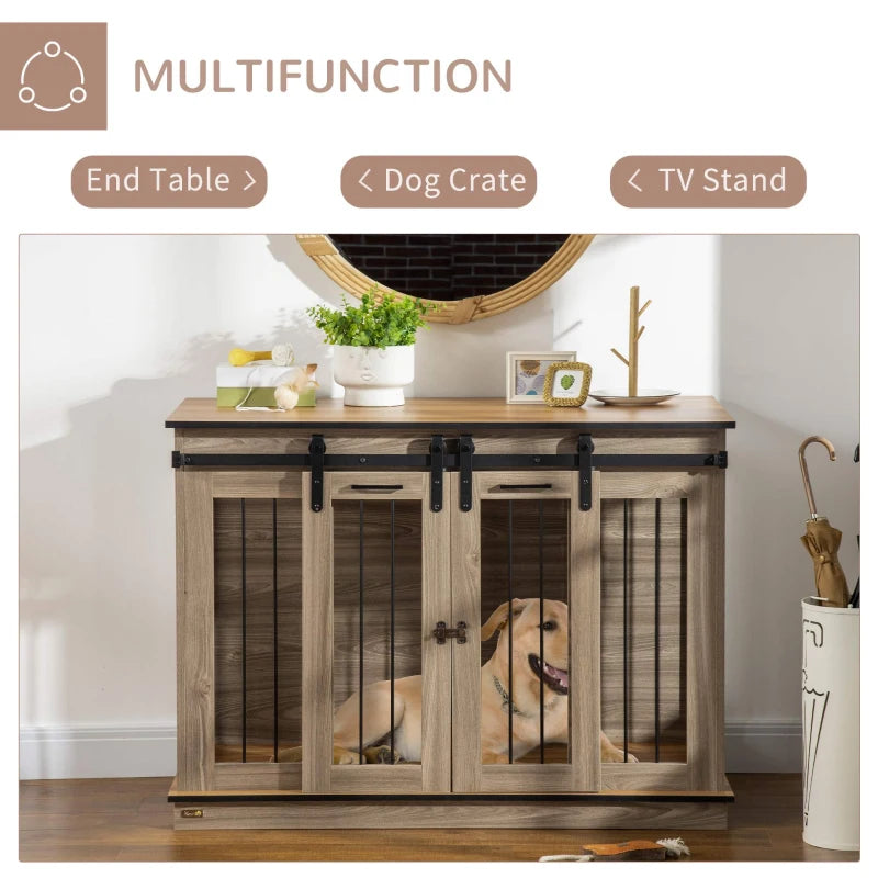 PawHut Dog Crate Furniture for Large Dogs, Double Dog Cage for Small Dogs, with Sliding Doors - Oak Tone