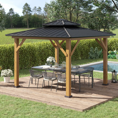 Outsunny 3.5 x 3.5m Wood Frame Hardtop Gazebo w/ Double Vented Roof, Black