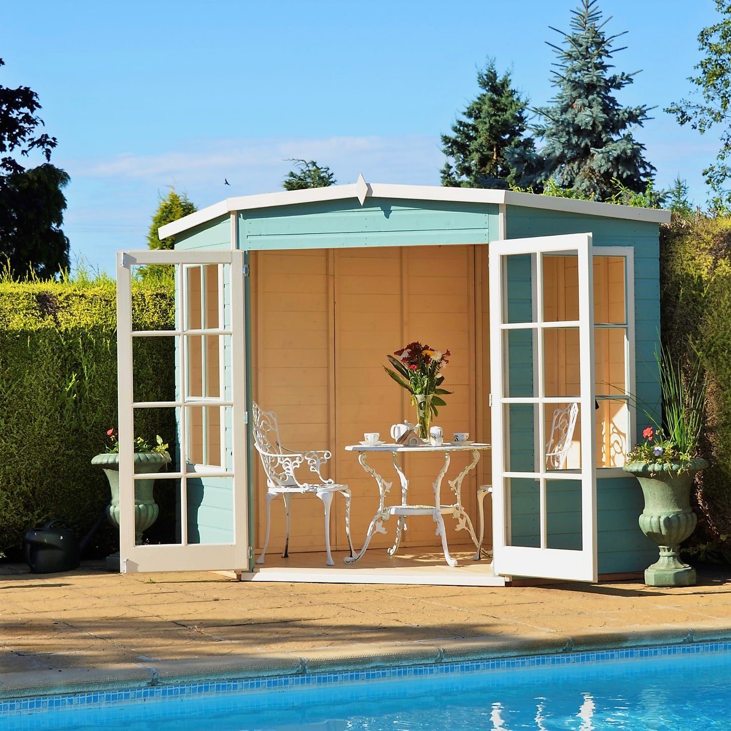 Wooden Corner Summerhouse 7 x 7 or 8 x 8 Doube Door Large Windows Tounge & Groove