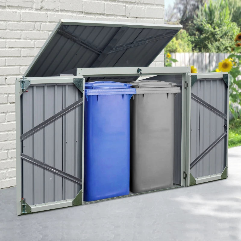 Premium Steel Garden Storage Shed with Double Door Lid for 2 Rubbish Bins