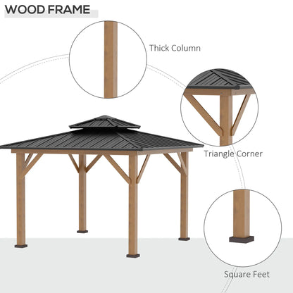 Outsunny 3.5 x 3.5m Wood Frame Hardtop Gazebo w/ Double Vented Roof, Black